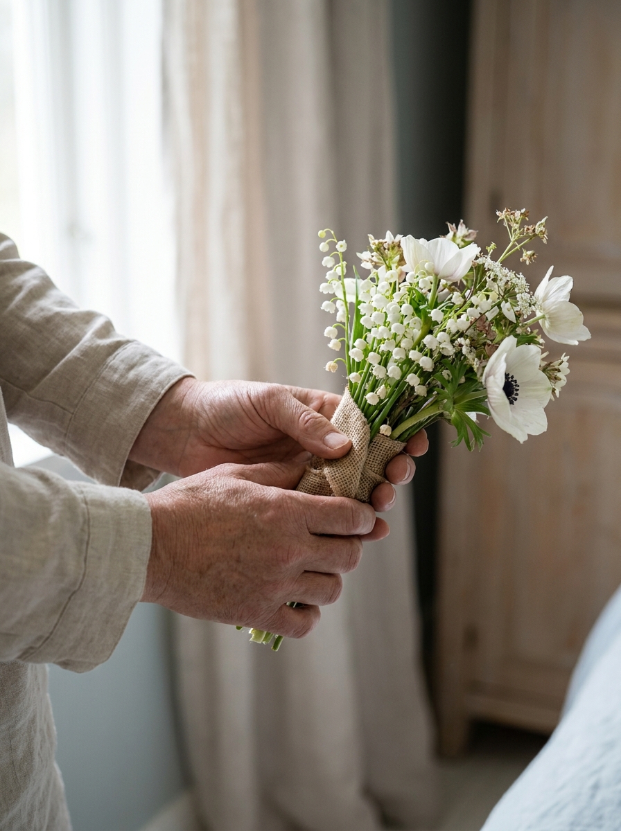 Hender holder hvite blomster forsiktig